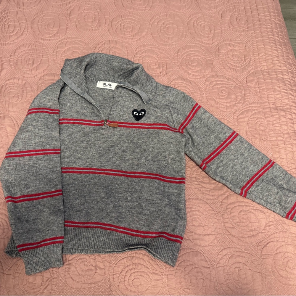 Comme des Garcons PLAY Gray and Red Striped Sweater